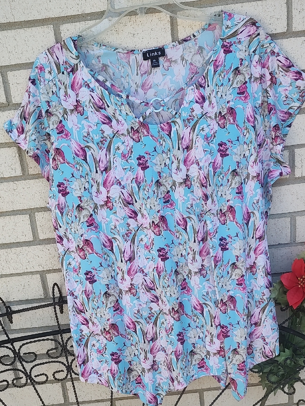 Link Pastel Blue Floral Short Sleeve Blouse with Ring Detail